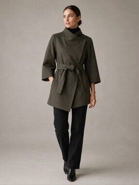 Minimalist Olive Wool Blend Wrap Coat Jacket Small